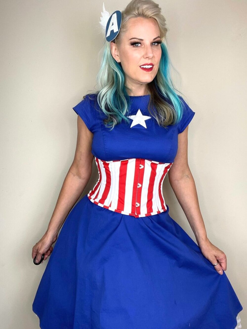 Captain America Pin-Up Cosplay Dress full costume with Dress, Corset, Fascinator